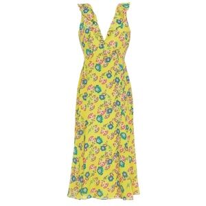 SALONI Silk Yellow Ruffle Open Back Floral Print Holly Midi Dress Size 2